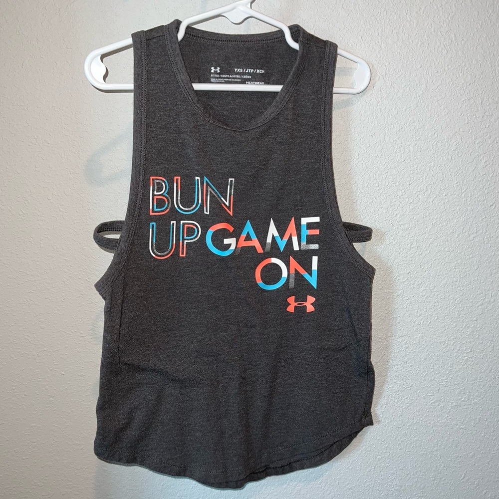 Under Armour size youth xs gray BUN UP GAME ON tank